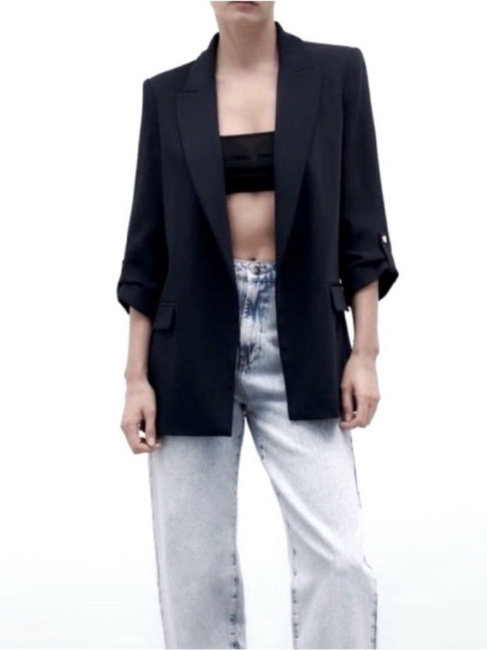 Zara Black Longline Blazer with Rolled Sleeves